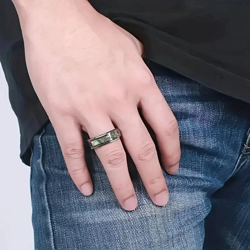 Tungsten Steel Carbide & Abalone Carbon Inlay Design statement Ring